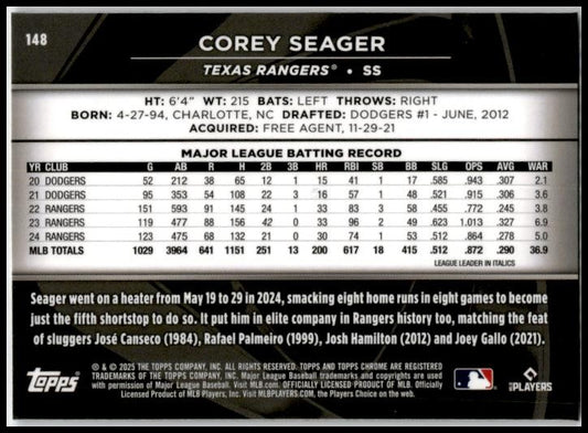 2025 Topps Chrome Black #148 Corey Seager Texas Rangers