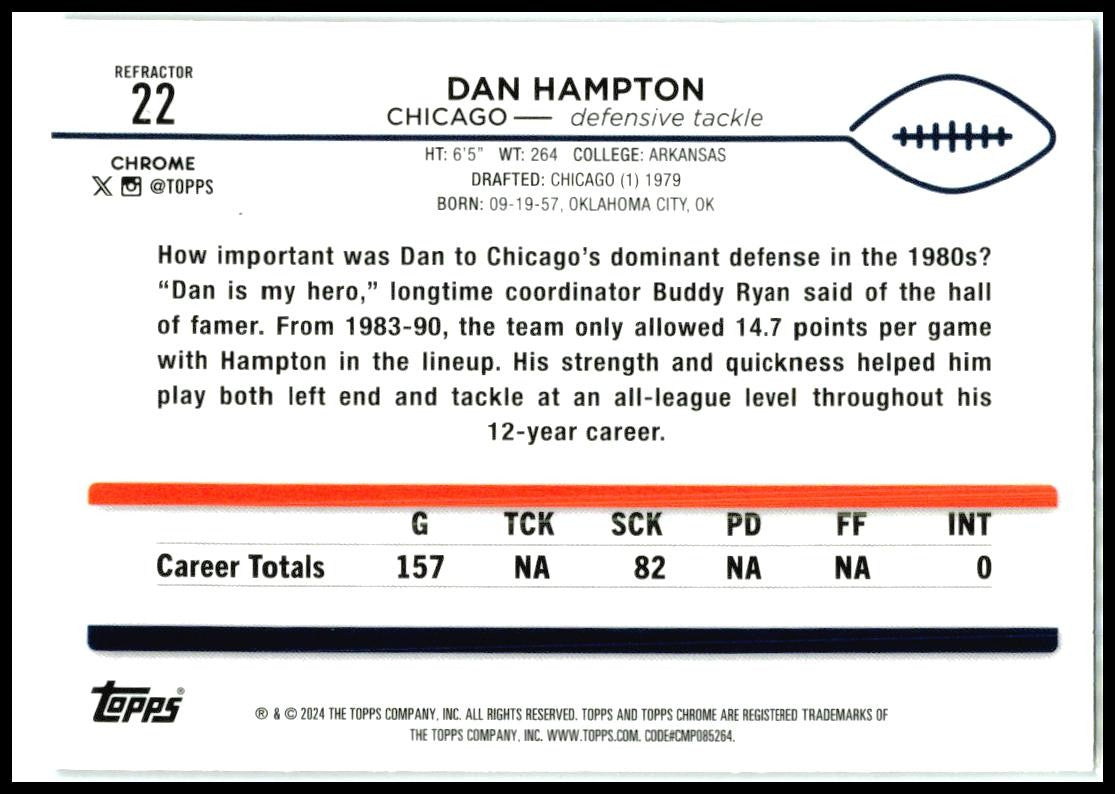 2024 Topps Chrome Refractor #22 Dan Hampton Chicago Bears