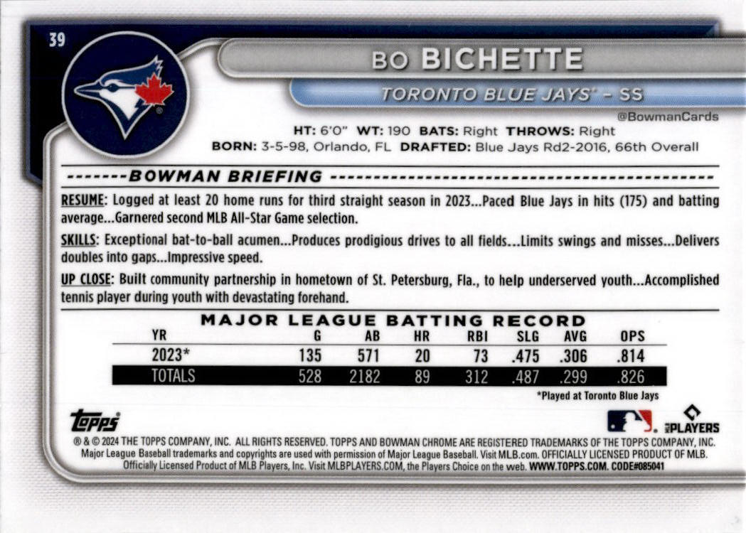 2024 Bowman Chrome #39 Bo Bichette Toronto Blue Jays