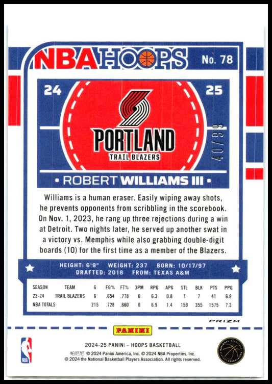 2024-25 Hoops Blue Scope #78 Robert Williams III #/99 Portland Trail Blazers