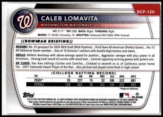 2025 Bowman Chrome Prospects #BCP-120 Caleb Lomavita Washington Nationals