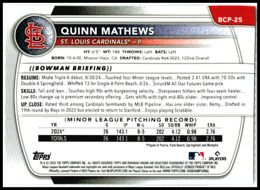 2025 Bowman Chrome Prospects Mojo Refractor #BCP-25 Quinn Mathews St. Louis
