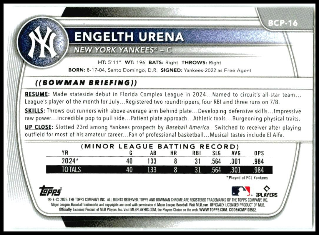 2025 Bowman Chrome Prospect Mojo #BCP-16 Engelth Urena New York Yankees