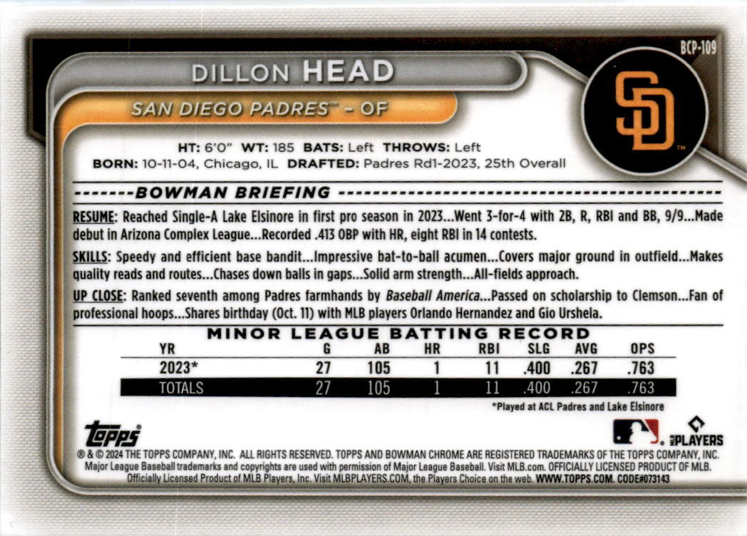 2024 Bowman #BCP-109 Dillon Head San Diego Padres