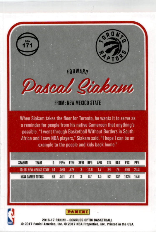 2016-17 Donruss Optic #171 Pascal Siakam Rookie Toronto Raptors.