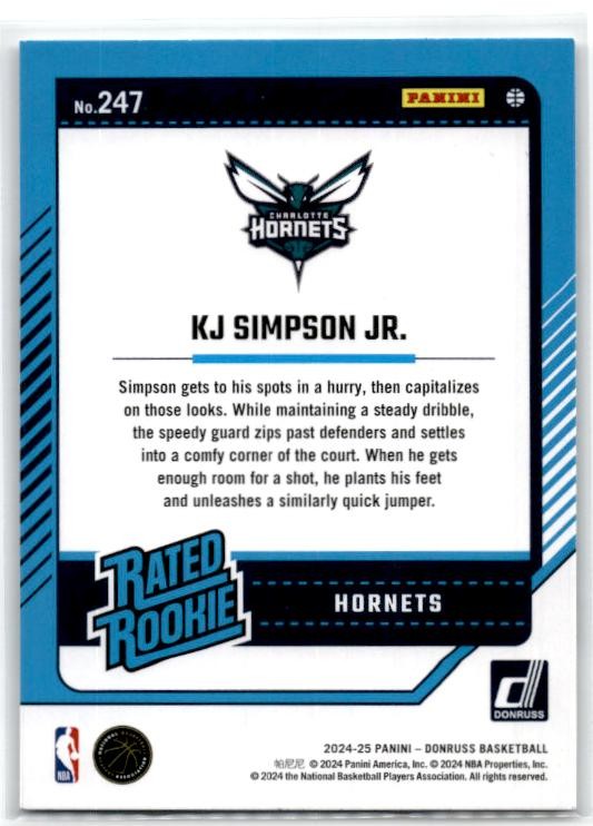 2024-25 Donruss #247 KJ Simpson Jr. Rookie Charlotte Hornets