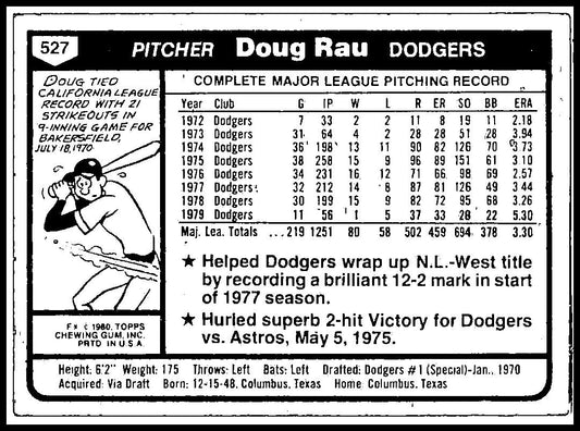 1980 Topps #527 Doug Rau Los Angeles Dodgers