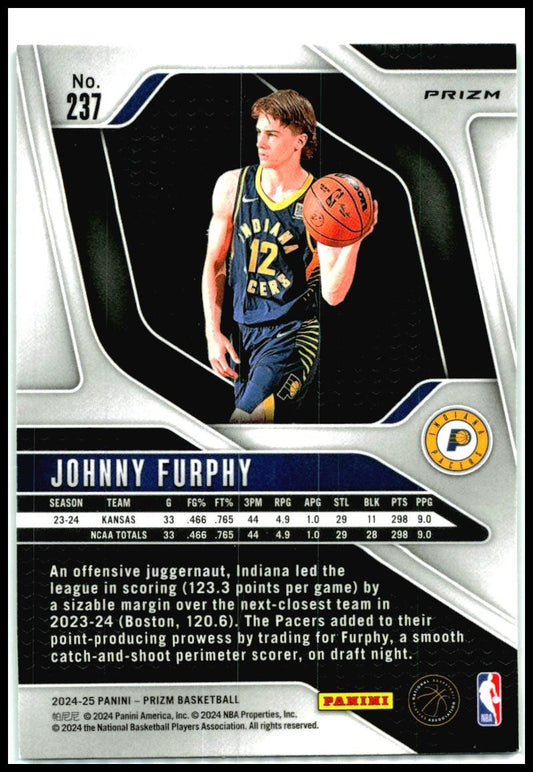 2024-25 Panini Prizm Green #237 Johnny Furphy Rookie Indiana Pacers