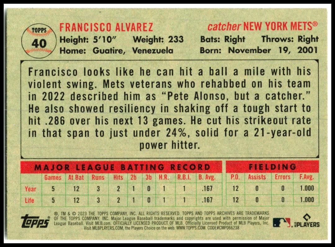 2023 Topps Archives #40 Francisco Alvarez New York Mets