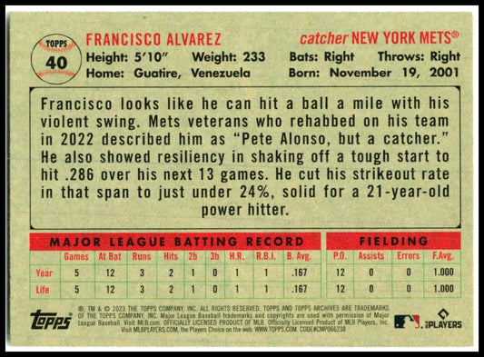 2023 Topps Archives #40 Francisco Alvarez New York Mets