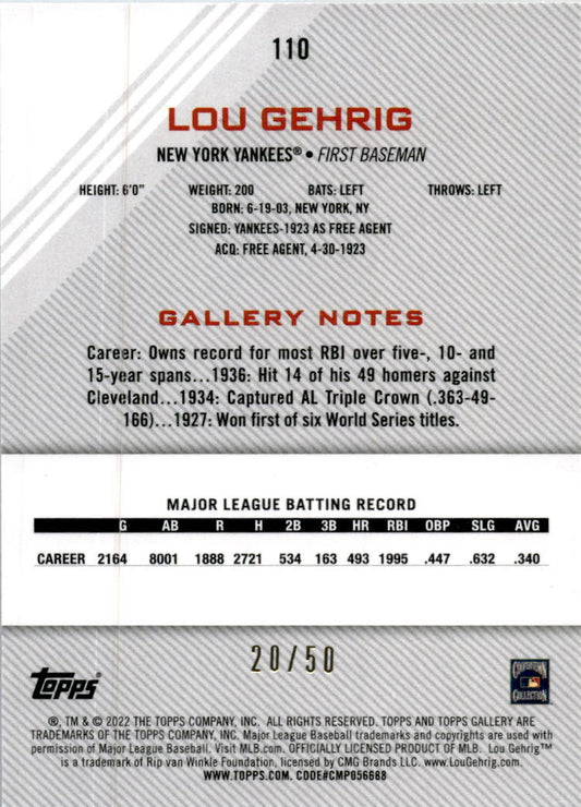 2022 Topps Gallery Blue Pattern #110 Lou Gehrig #/50 New York Yankees