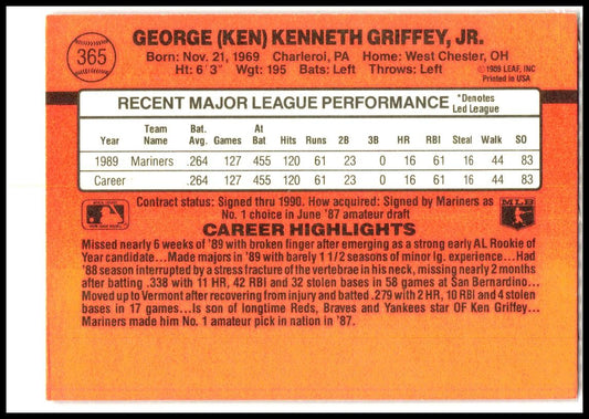 1990 Donruss #365 Ken Griffey Jr. Seattle Mariners
