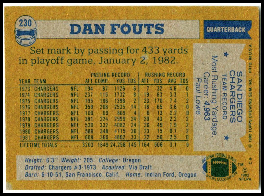 1982 Topps #230 Dan Fouts San Diego Chargers
