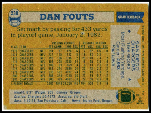 1982 Topps #230 Dan Fouts San Diego Chargers