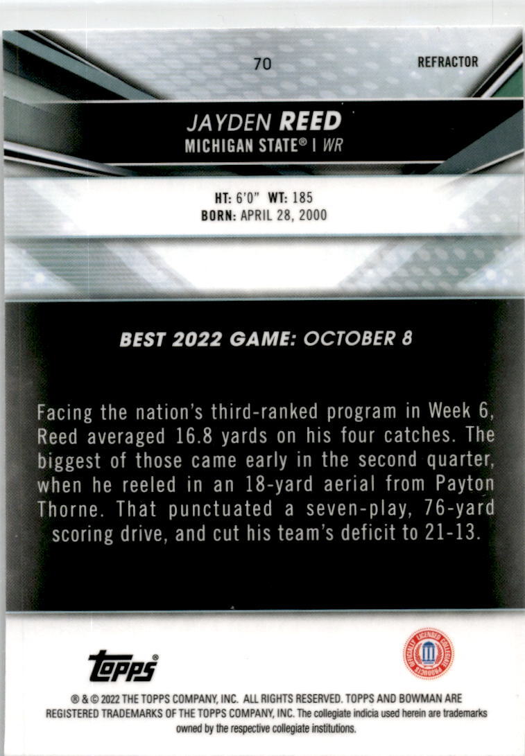 2022-23 Bowman's Best University #70 Jayden Reed Green Bay Packers / Spartans