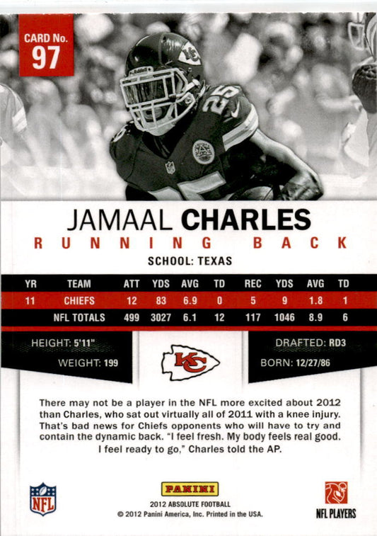 2012 Panini Absolute #97 Jamaal Charles Kansas City Chiefs