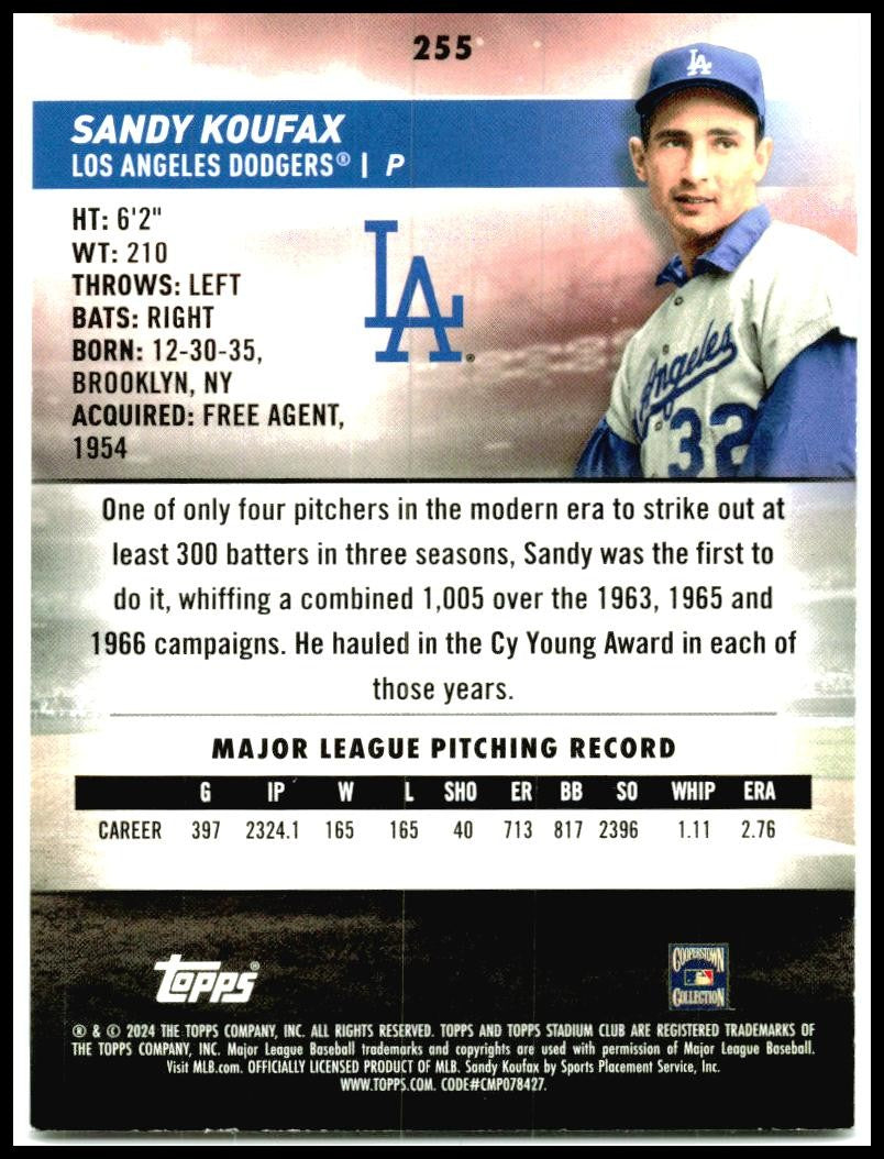 2024 Stadium Club #255 Sandy Koufax Los Angeles Dodgers