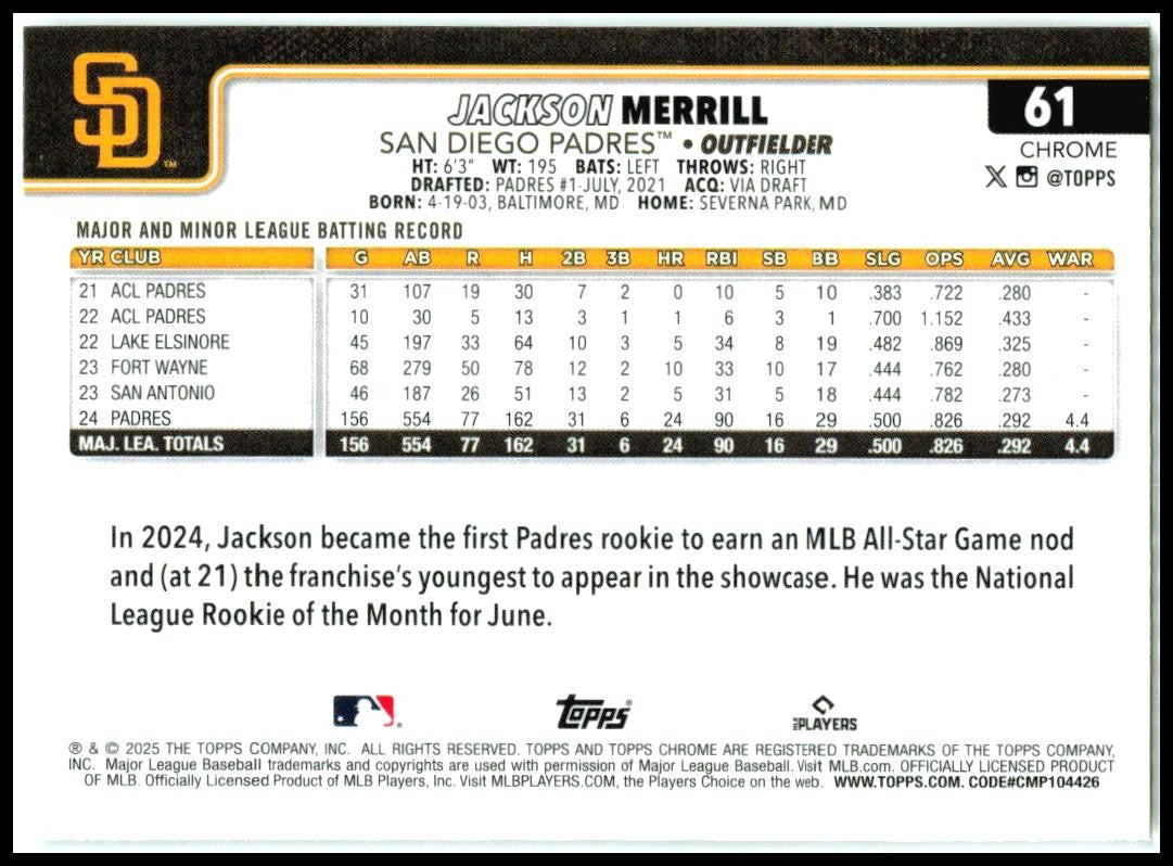2025 Topps Chrome #61 Jackson Merrill San Diego Padres