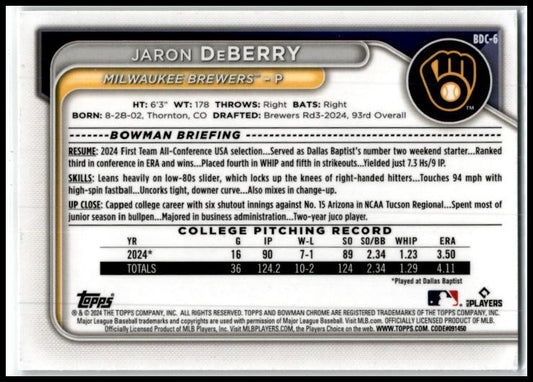 2024 Bowman Draft #BDC-6 Jaron DeBerry Milwaukee Brewers