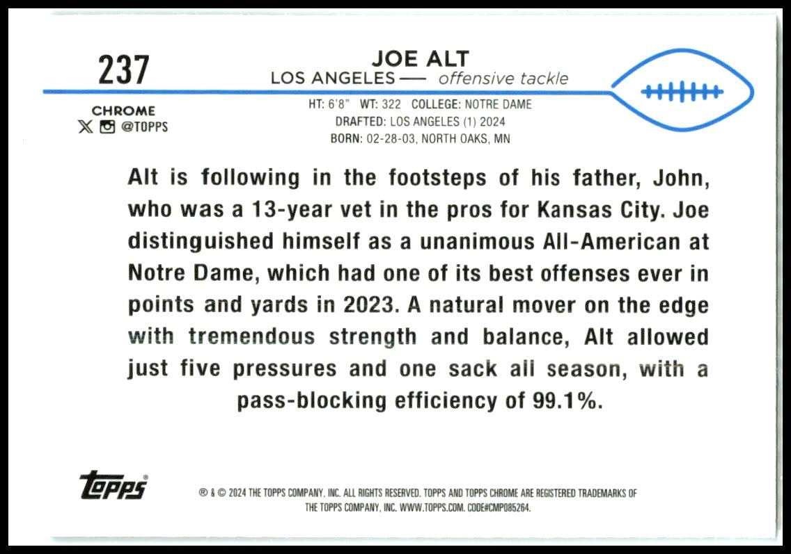 2024 Topps Chrome #237 Joe Alt Rookie Los Angeles Chargers
