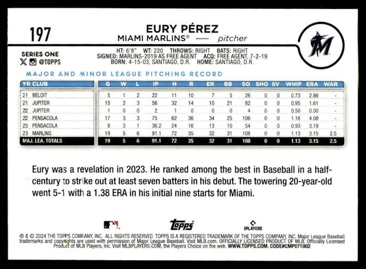 2024 Topps Eury Perez Miami Marlins #197 Future Stars