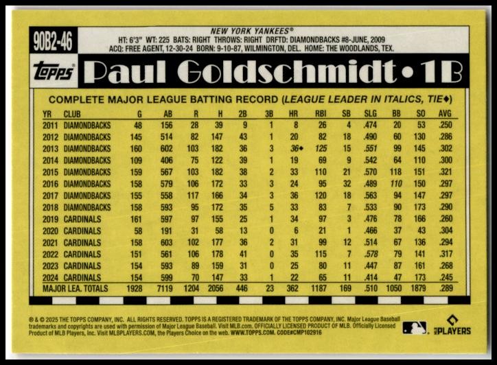 2025 Topps 1990 Topps 35th Anniversary #90B2-46 Paul Goldschmidt Yankees