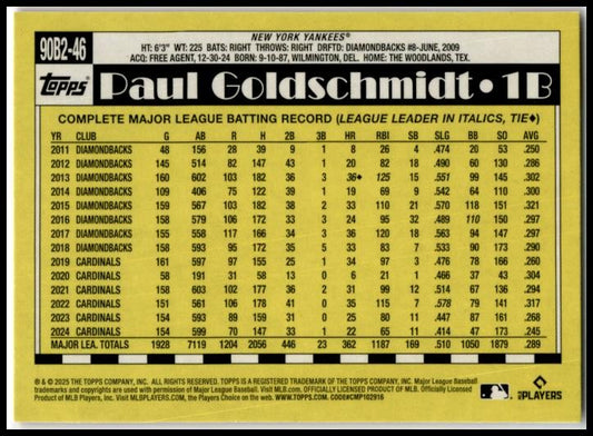 2025 Topps 1990 Topps 35th Anniversary #90B2-46 Paul Goldschmidt Yankees