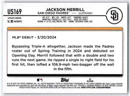 2024 Topps Update #US169 Jackson Merrill San Diego Padres
