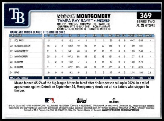 2025 Topps Rainbow Foil #369 Mason Montgomery Tampa Bay Rays