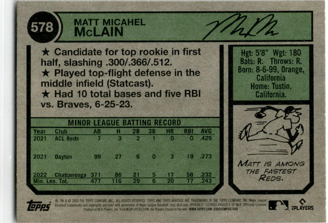 2023 Topps Heritage #578 Matt McLain RC Cincinnati Reds