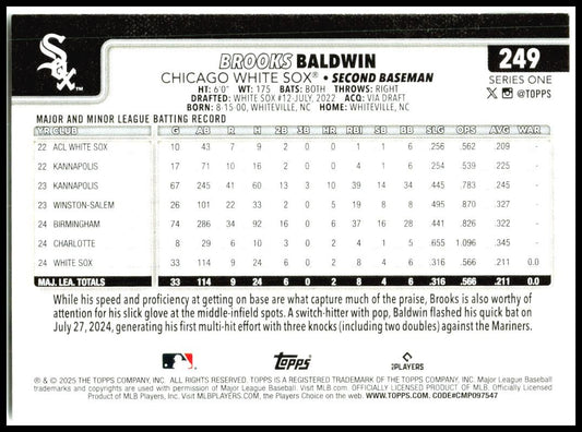 2025 Topps #249 Brooks Baldwin Rookie Chicago White Sox