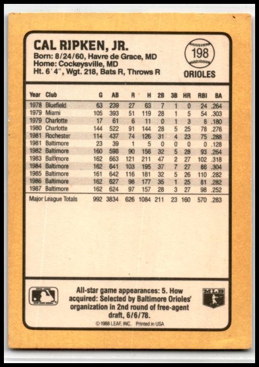 1988 Donruss Baseball's Best #198 Cal Ripken Baltimore Orioles