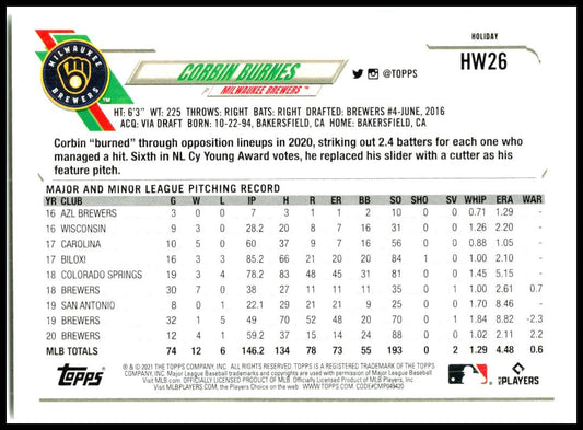 2021 Topps Holiday #HW26 Corbin Burnes Milwaukee Brewers