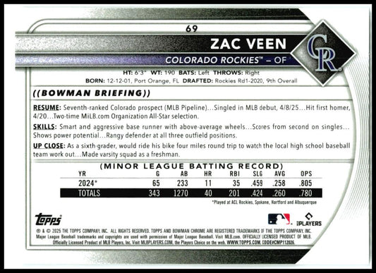 2025 Bowman Chrome #69 Zac Veen Rookie Colorado Rockies