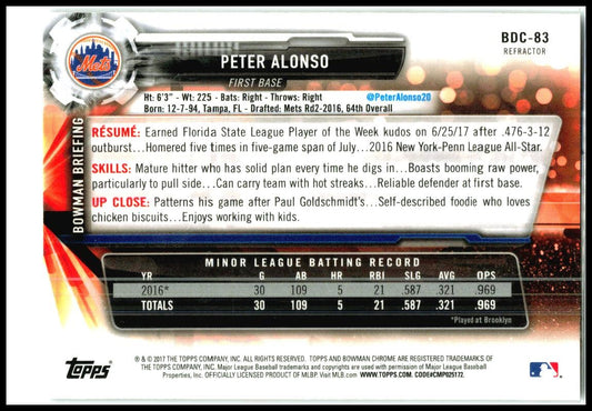 2017 Bowman Draft Chrome Refractor #BDC-83 Peter Alonso New York Mets
