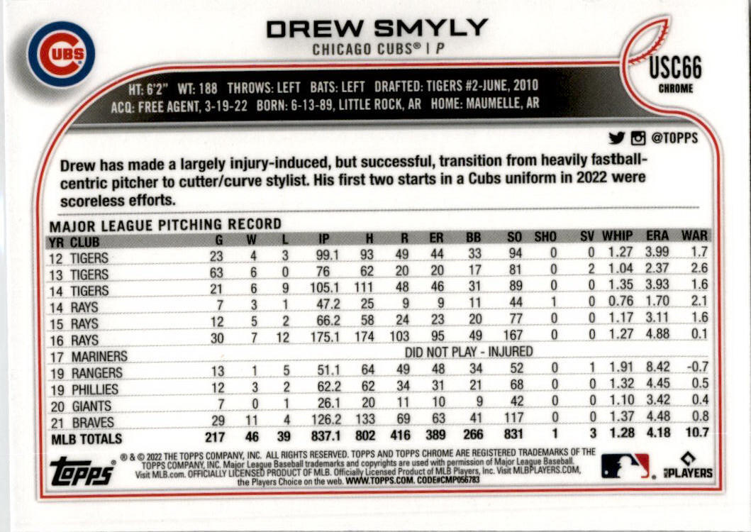 2022 Topps Chrome Update Purple Refractor #USC66 Drew Smyly Chicago Cubs