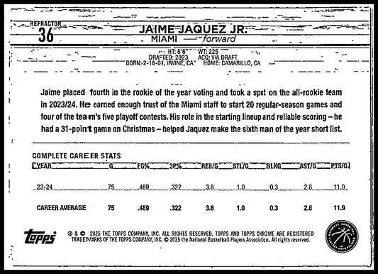 2024-25 Topps Chrome Refractor #36 Jaime Jaquez JR Heat