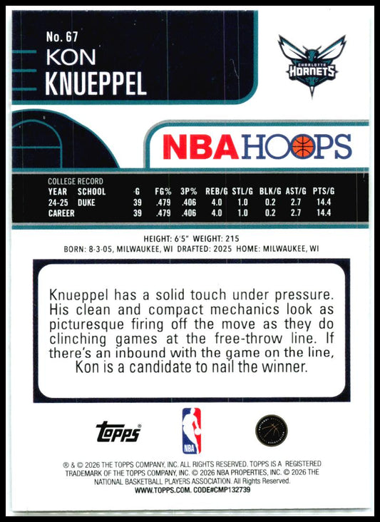2025-26 Hoops #67 Kon Knueppel Rookie Charlotte Hornets