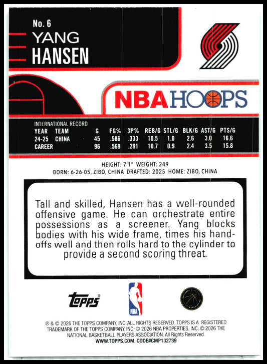 2025-26 Hoops #6 Yang Hansen Rookie Portland Trail Blazers