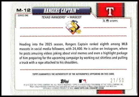 2026 Topps Mascots Gold Auto #/50 #M-12 Rangers Captain Auto Texas Rangers