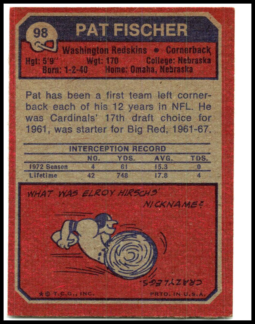 1973 Topps #98 Pat Fischer Washington Redskins