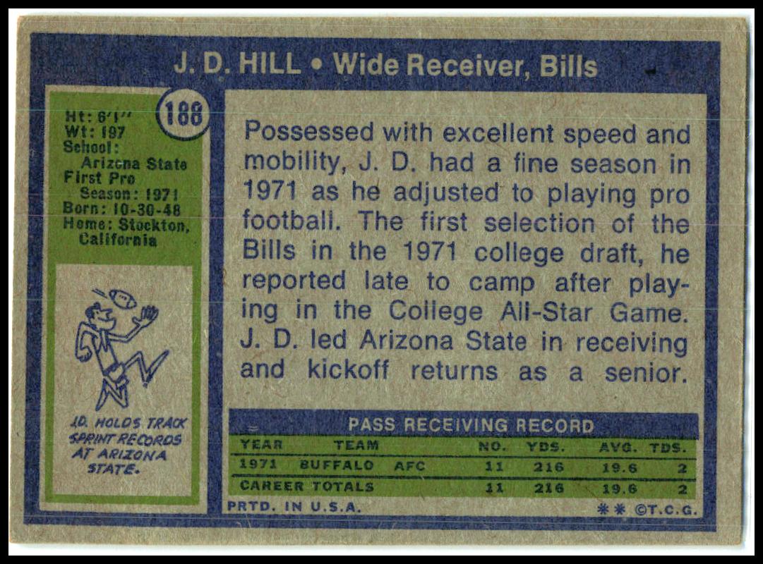 1972 Topps #188 J.D. Hill Rookie Buffalo Bills