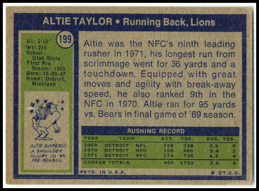 1972 Topps #199 Altie Taylor Detroit Lions
