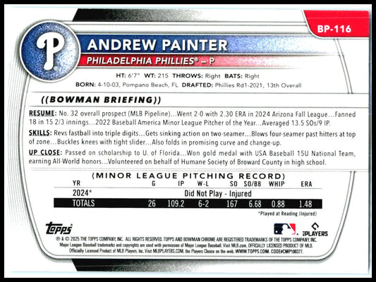 2025 Bowman Prospects Sky Blue #BP-116 Andrew Painter Phillies