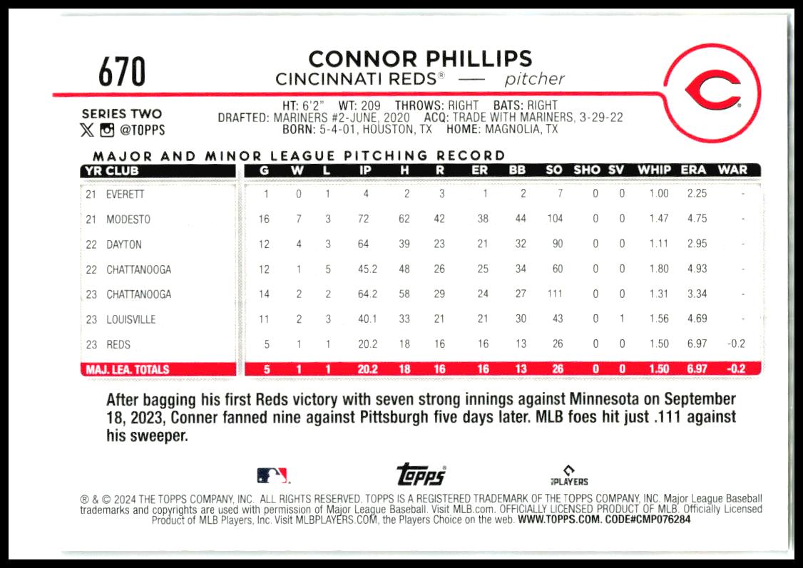2024 Topps True Photo Variation #670 Connor Phillips Rookie Cincinnati Reds