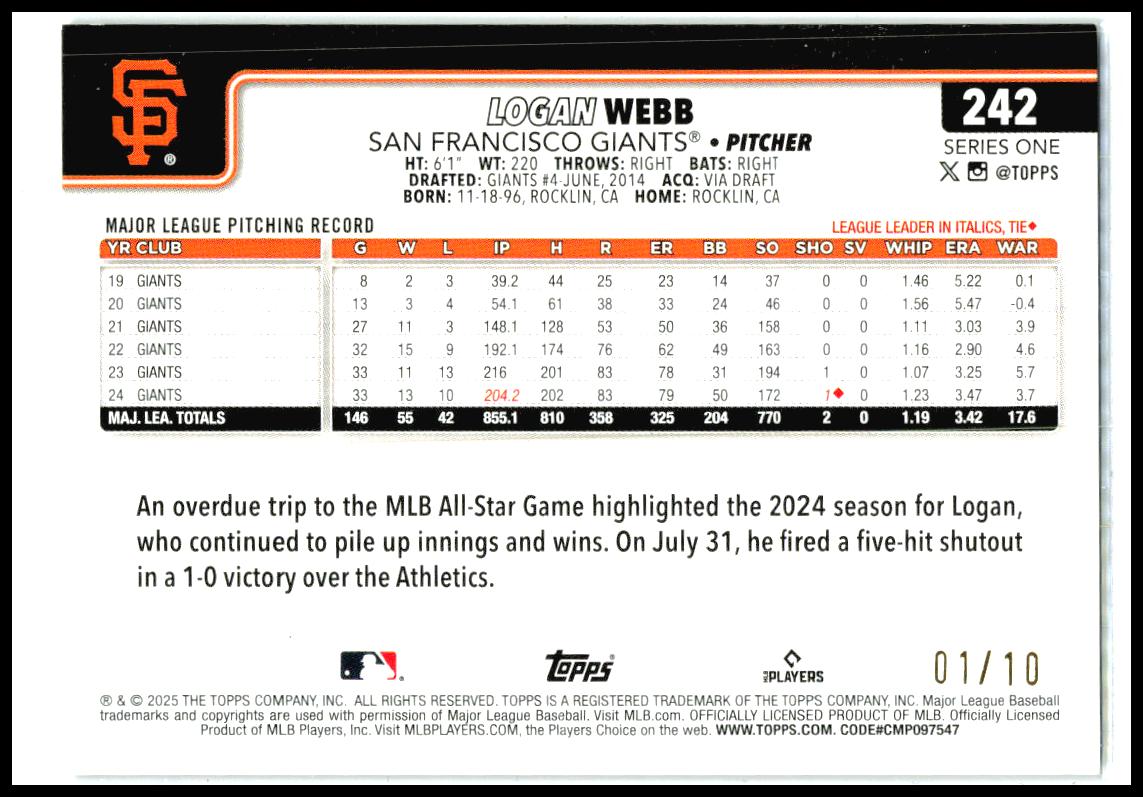 2025 Topps Black Sandglitter #/10 #242 Logan Webb San Francisco Giants