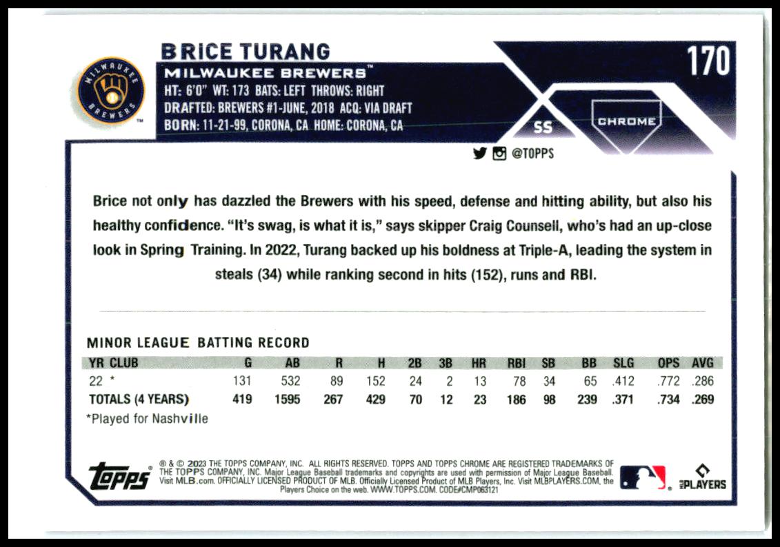 2023 Topps Chrome Purple Speckle Refractors #170 Brice Turang Brewers