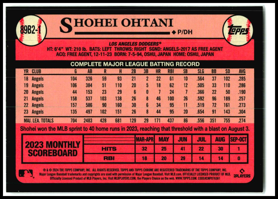 2024 Topps 1989 Topps 35th Anniversary Foil #89B2-1 Shohei Ohtani Dodgers