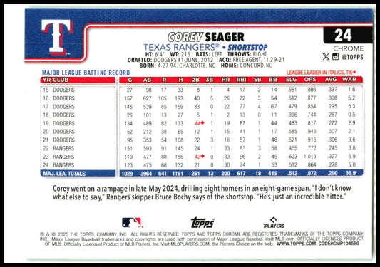 2025 Topps Chrome Green Speckle Refractors #24 Corey Seager #/99 Texas Rangers