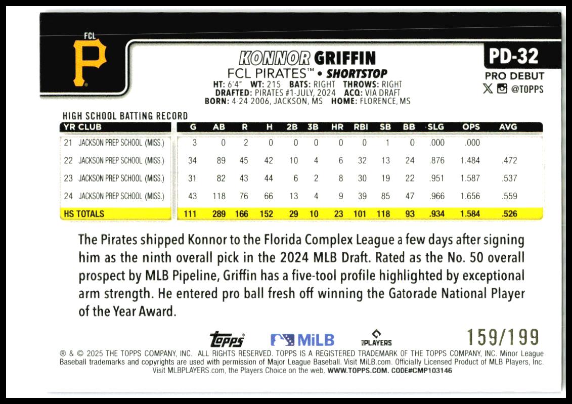 2025 Topps Pro Debut Pink #/199 #PD-32 Konnor Griffin FCL Pirates